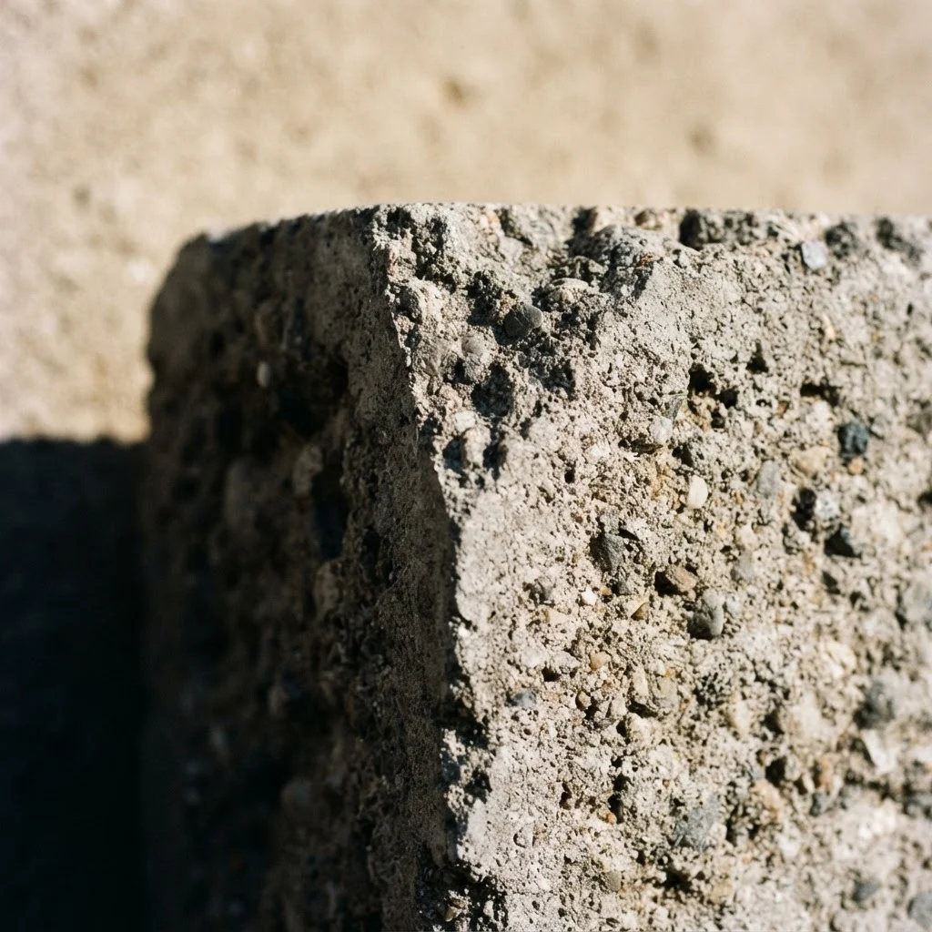 Close-up of a Naydo Keystone concrete block showing its dense surface texture