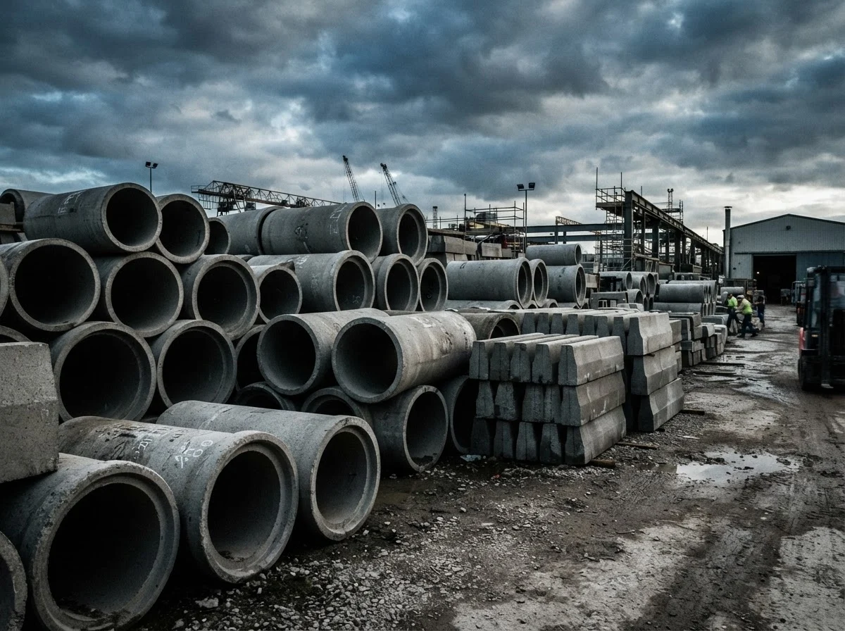 Precast concrete pipes and kerbs stacked in the Naydo Keystone yard