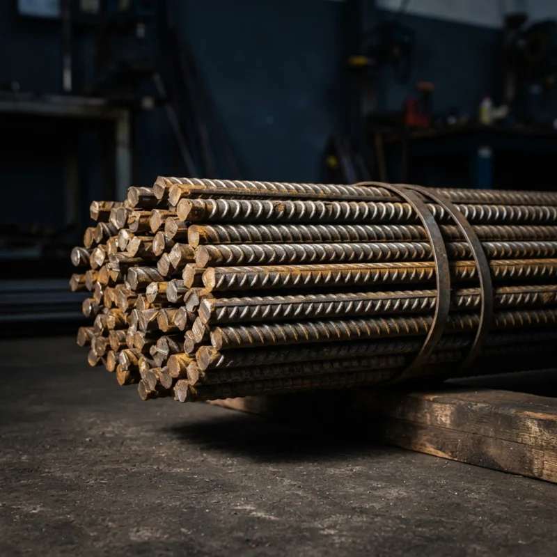 Steel reinforcement bars bundled for delivery