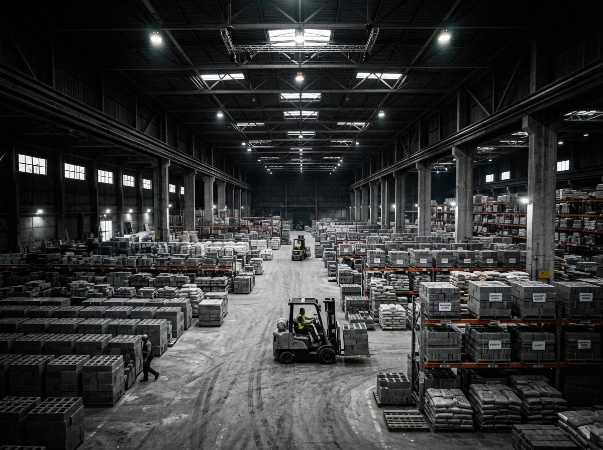 Naydo Keystone warehouse with stacked concrete blocks ready for delivery