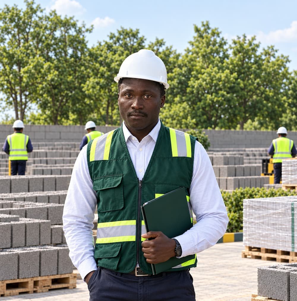 Chinedu Uzoezie of Naydo Keystone Ventures at the concrete block yard in Satellite Town, Lagos